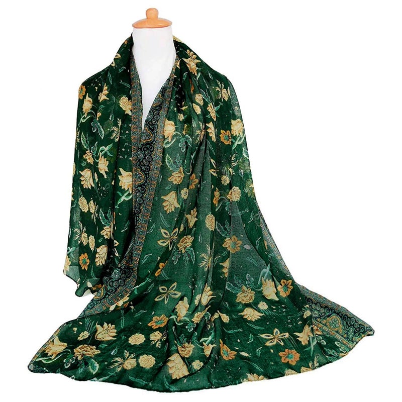 GERINLY Lightweight Scarves Fashion Flowers Print Shawl Wrap Scarf For Women Forest Green Accessory for Beach Boho Scarf (Green) - Image 2